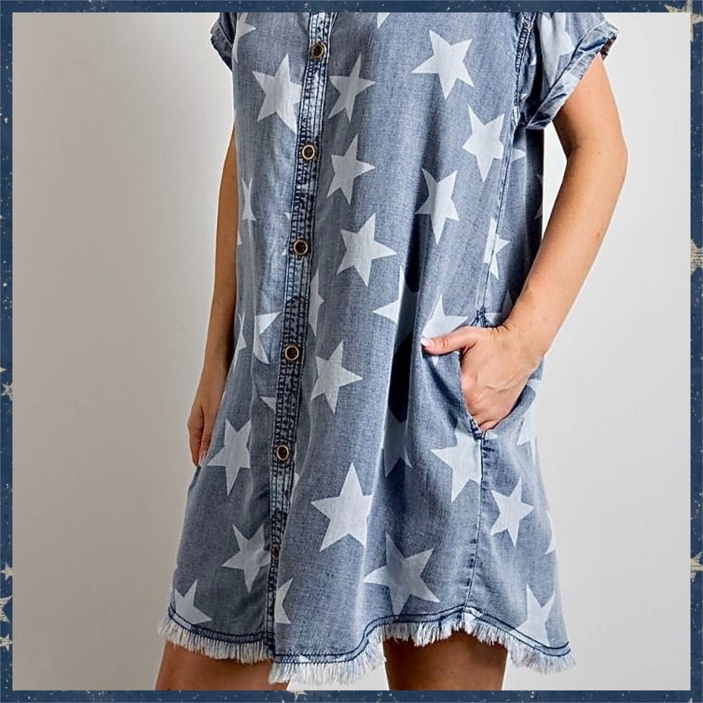 EASEL "Twinkle Star" Lightweight Cotton Denim Shirt Dress Button Up W/ Raw Seams - Picture 5 of 16